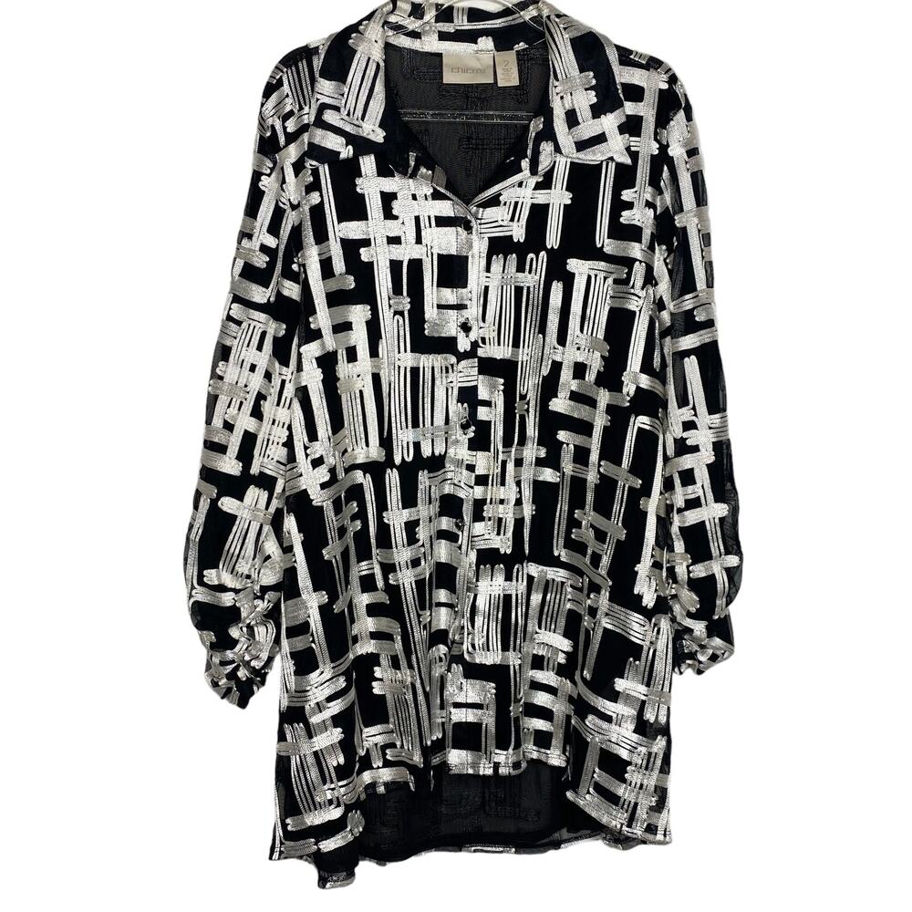 Chicos Womens Size 2/Large Black White Blouse Top‎ Geometric Button Up Sheer